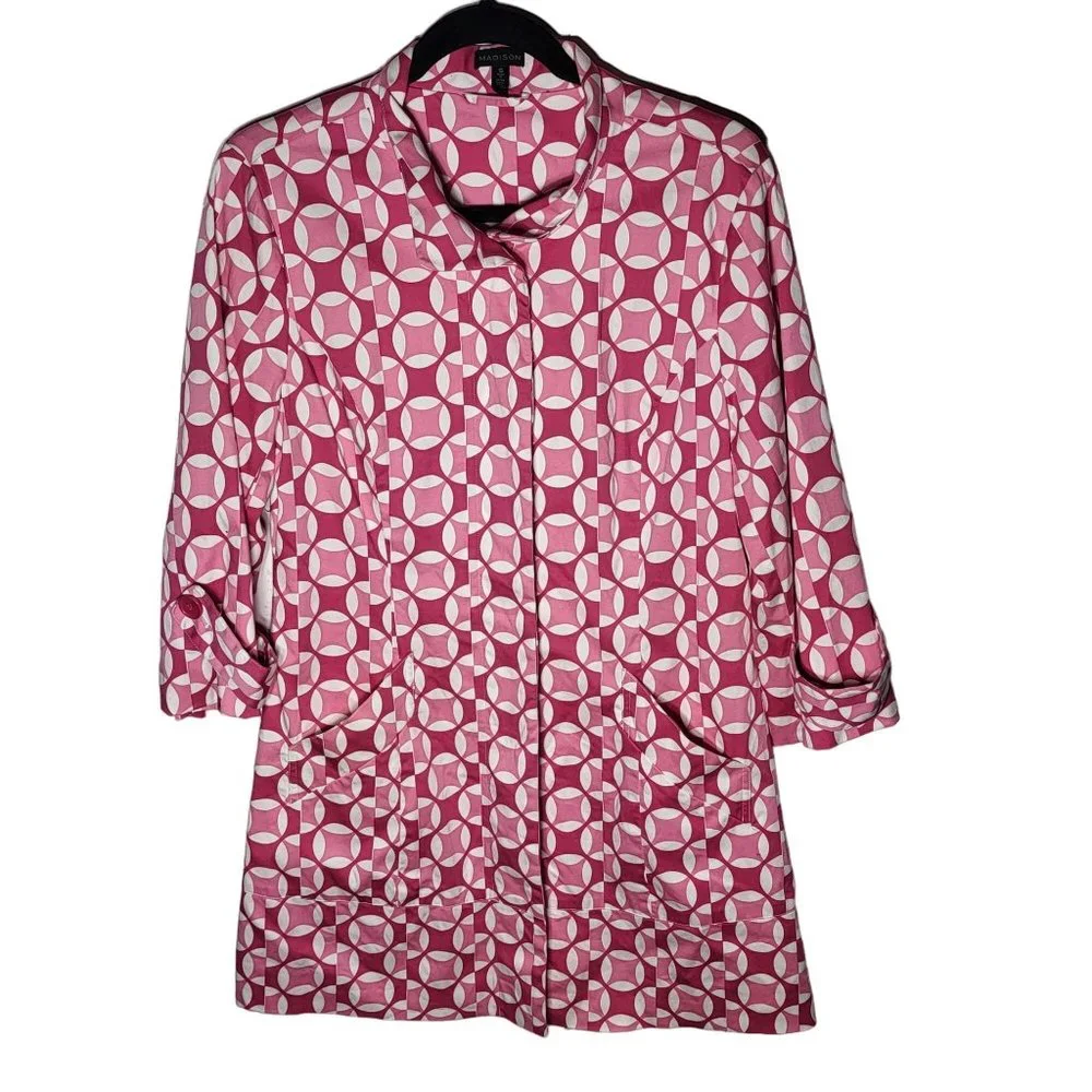 Madison Womens Pink Geometric Print Button Down Trench Coat Jacket‎ Size Small